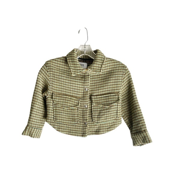 Zara Kids 6-7 Green Plaid Tweed Button Snap Jacket pea green, mustard, turquios - Picture 1 of 9